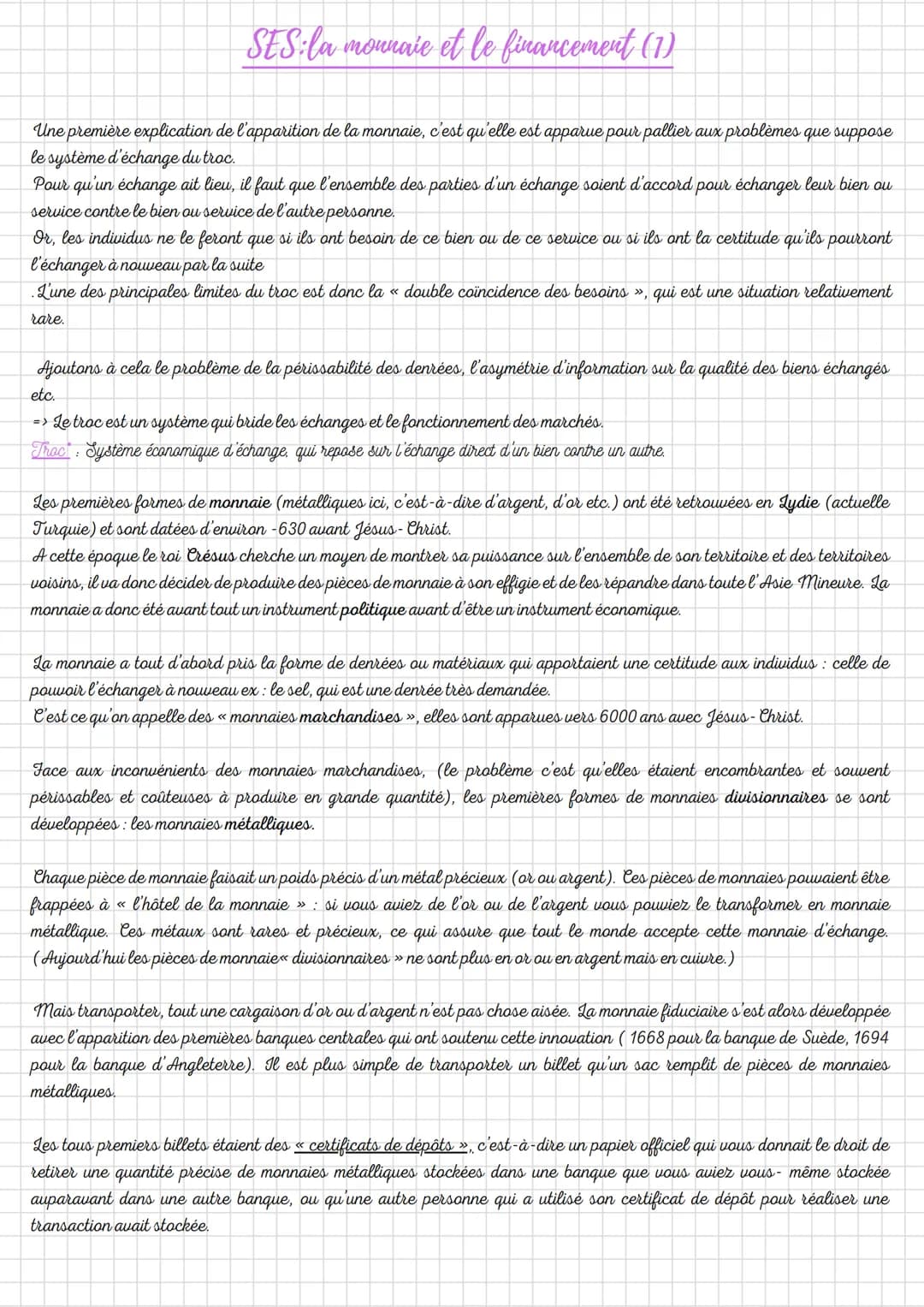 SES: la monnaie et le financement (1)
Une première explication de l'apparition de la monnaie, c'est qu'elle est apparue pour pallier aux pro