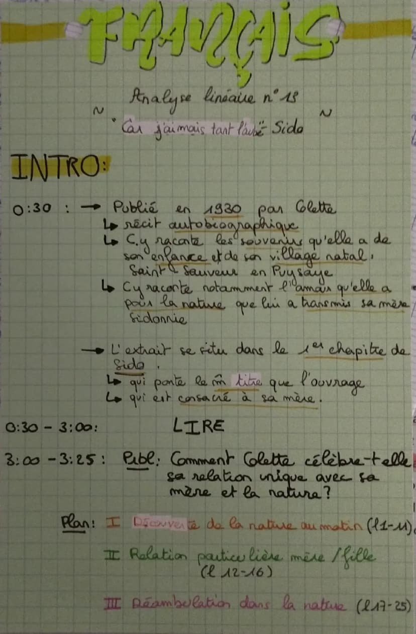 Objet d'étude n°4, le roman et le récit du Moyen-âge au XXIe siècle
Sido suivi de Les vrilles de la vigne de Colette
Explication linéaire n°