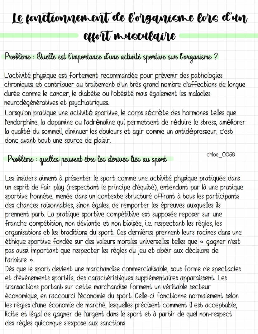 Le fonctionnement de l'organisme lors d'un
effort musculaire
Problème : Quelle est l'importance d'une activité sportive sur l'organisme ?
L'