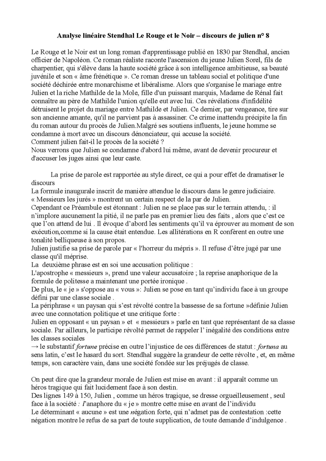 Analyse Linéaire Le Rouge et le Noir Chapitre 4 - Portrait et Plaidoyer de Julien Sorel