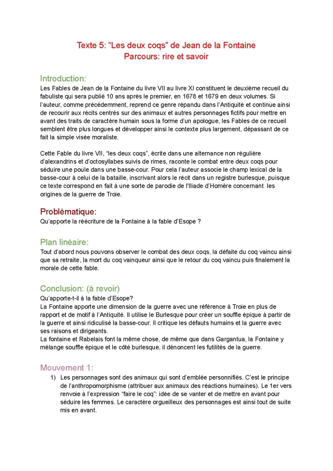 Texte resume analyse linéaire de « les deux Coqs » de Jean de la Fontaine