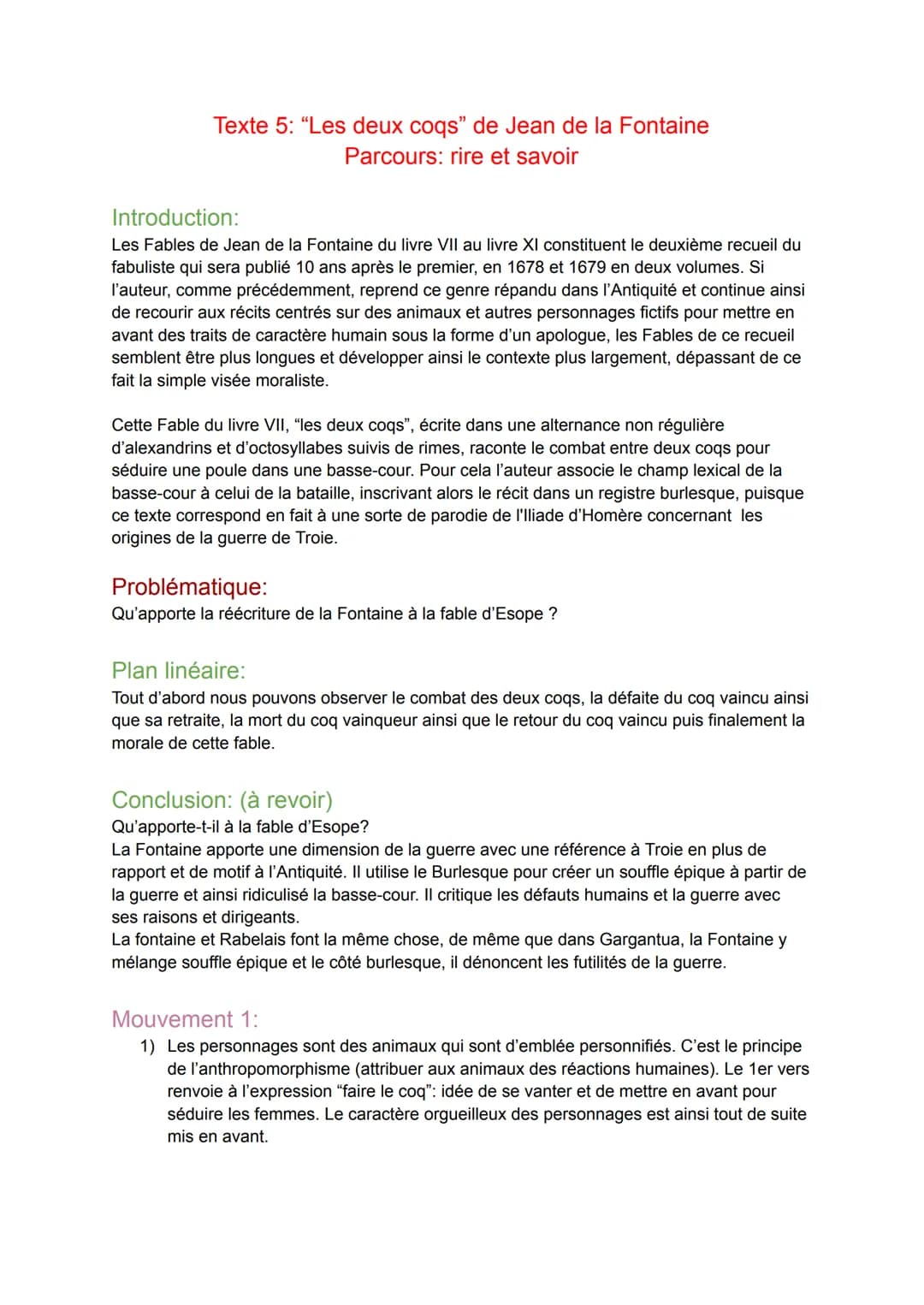 Texte 5: "Les deux coqs" de Jean de la Fontaine
Parcours: rire et savoir
Introduction:
Les Fables de Jean de la Fontaine du livre VII au liv