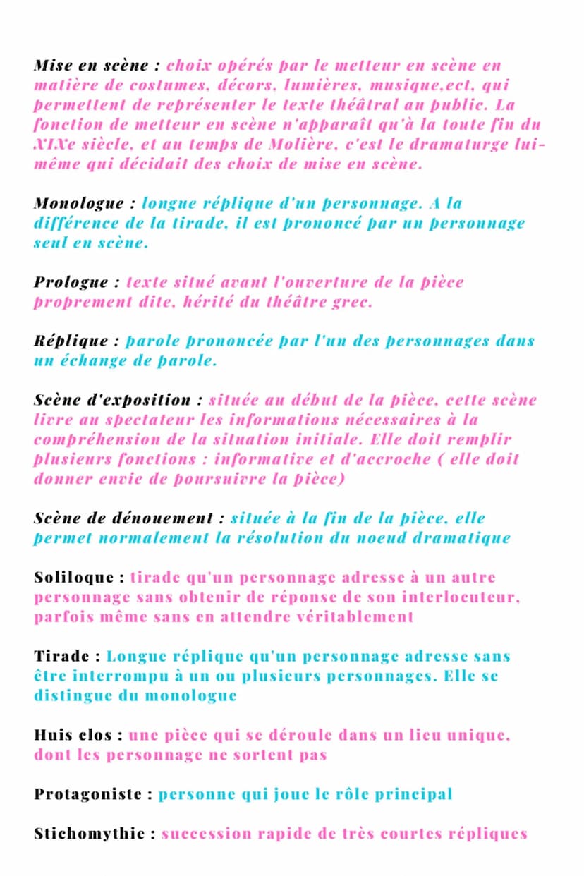LEXIQUE
THÉÂTRAL
Aparté : réplique que le personnage s'adresse à lui-même ou,
dans le cadre des comédies, aux spectateurs. Par convention,
c