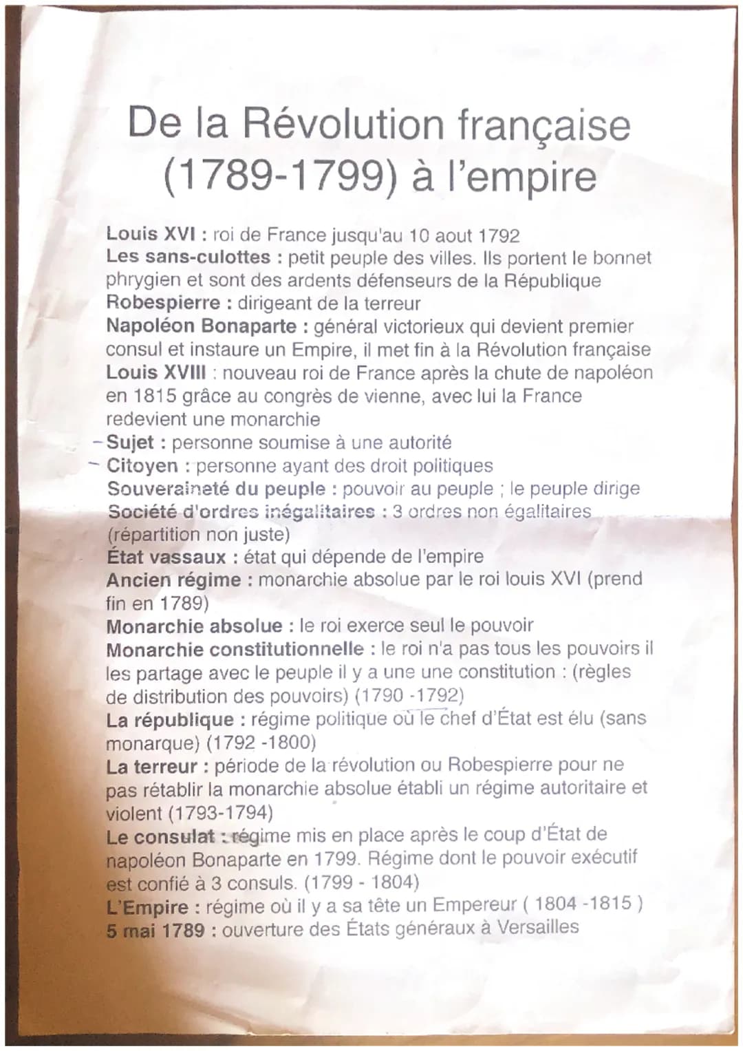 De la Révolution française
(1789-1799) à l'empire
Louis XVI: roi de France jusqu'au 10 aout 1792
Les sans-culottes petit peuple des villes. 