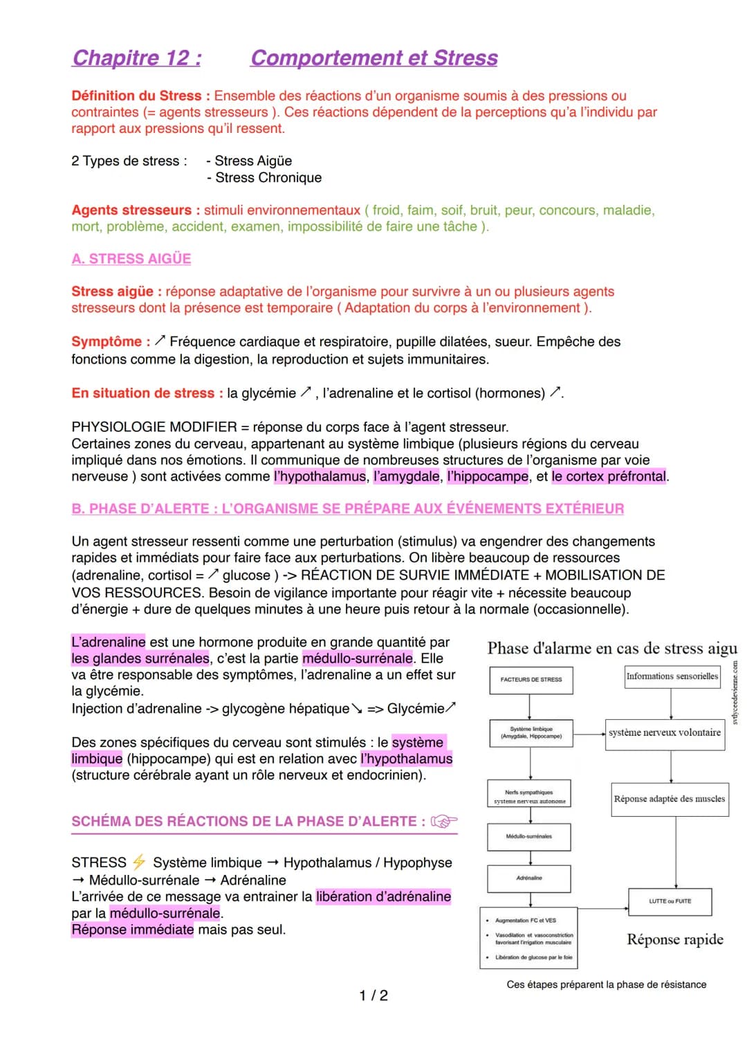 Chapitre 12:
Comportement et Stress
Définition du Stress : Ensemble des réactions d'un organisme soumis à des pressions ou
contraintes (= ag
