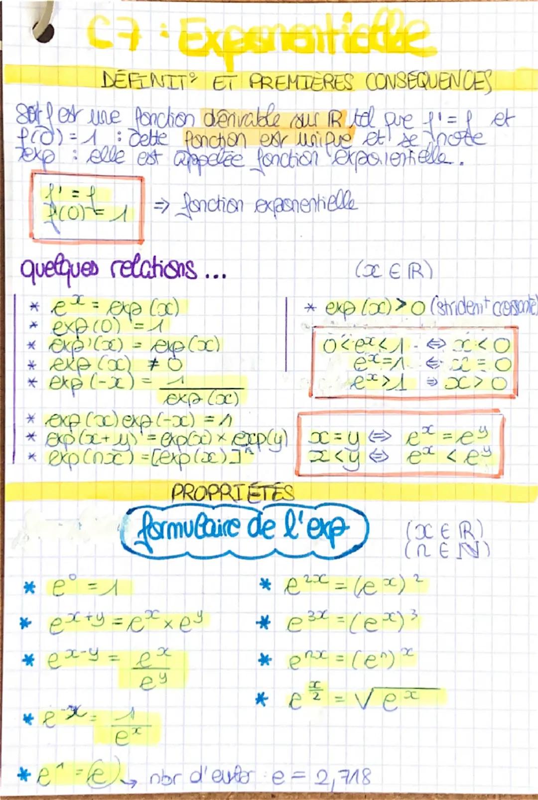 # C7. Exponentiadke

DEFINIT ET PREMIERES CONSEQUENCES

sot fest une fonction denivable sur IR tel que f' = f et
f(0) = 1: dette fonction es