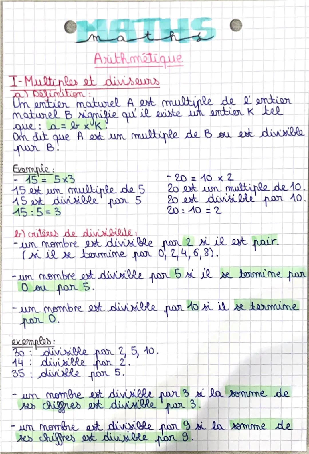 o
•MATHS •
Arithmétique
I-Multiples et diviseurs
a Définition:
Un entier naturel A est multiple de l' entier
maturel B signifie qu'il existe