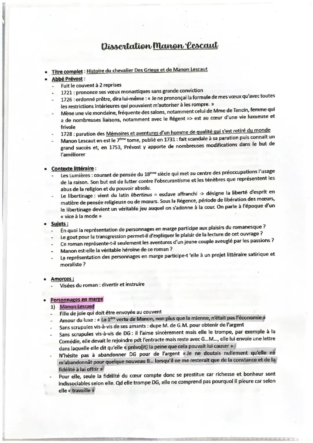 Manon Lescaut : Analyse linéaire et Personnages en Marge