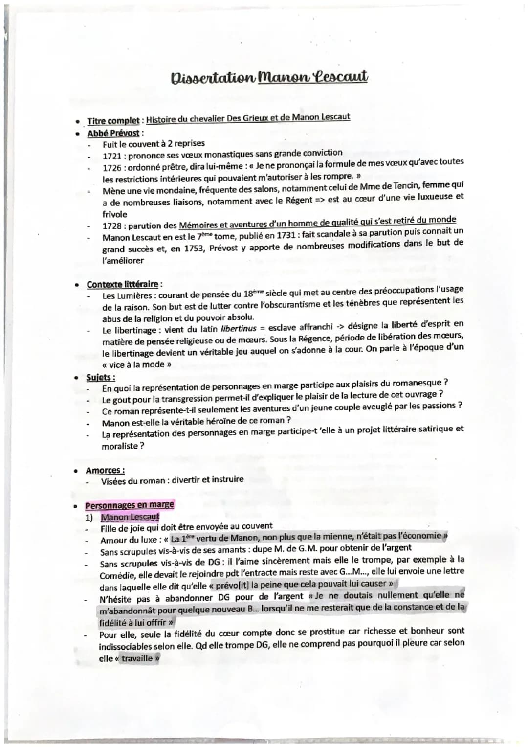 ●
Dissertation Manon Lescaut
Titre complet : Histoire du chevalier Des Grieux et de Manon Lescaut
Abbé Prévost:
Fuit le couvent à 2 reprises