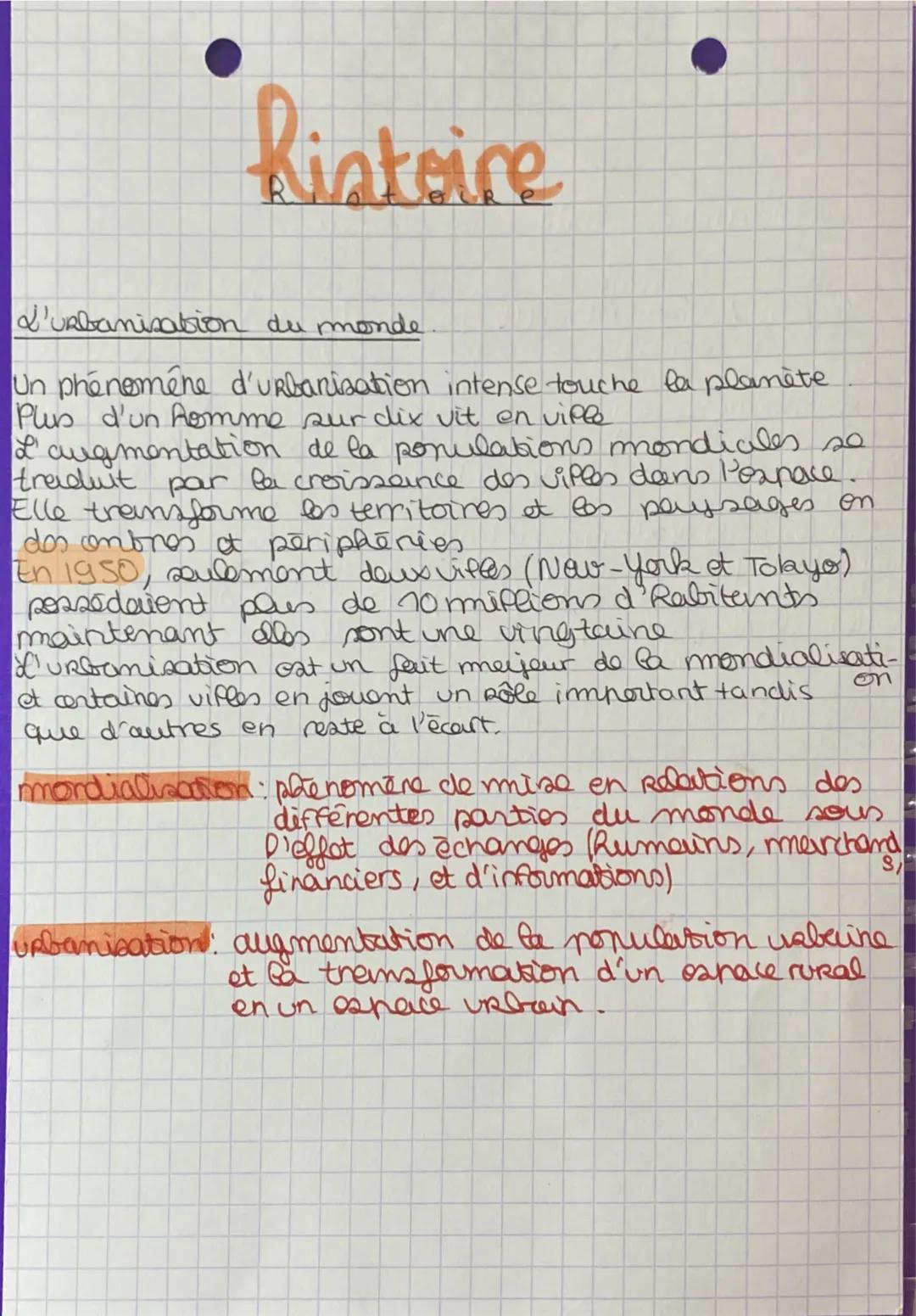 Ristoire
L'urbanisation du monde.
Un phénomène d'urbanisation intense touche la planète
Plus d'un homme sur dix vit en ville
L'augmentation 
