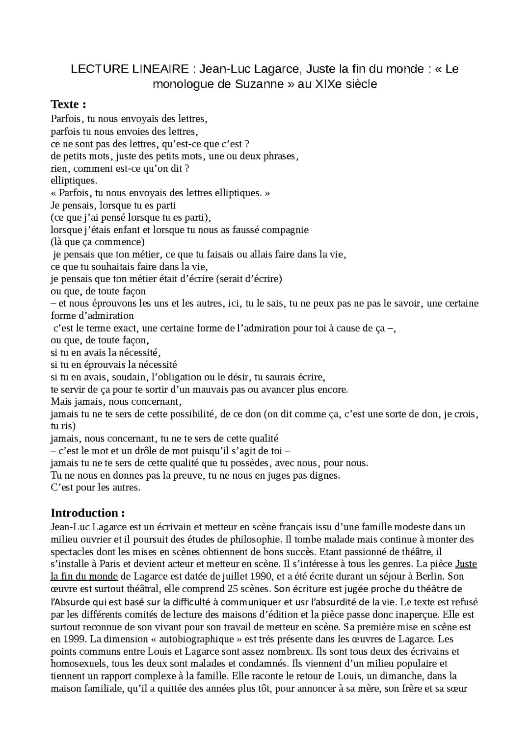 Juste la fin du monde - Analyse de Suzanne et Jean-Luc Lagarce