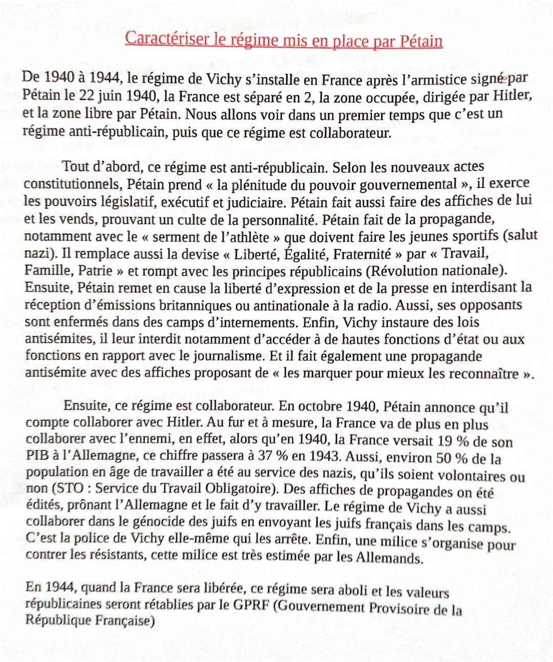 Caractériser le régime mis en place par Pétain
De 1940 à 1944, le régime de Vichy s'installe en France après l'armistice signé par
Pétain le