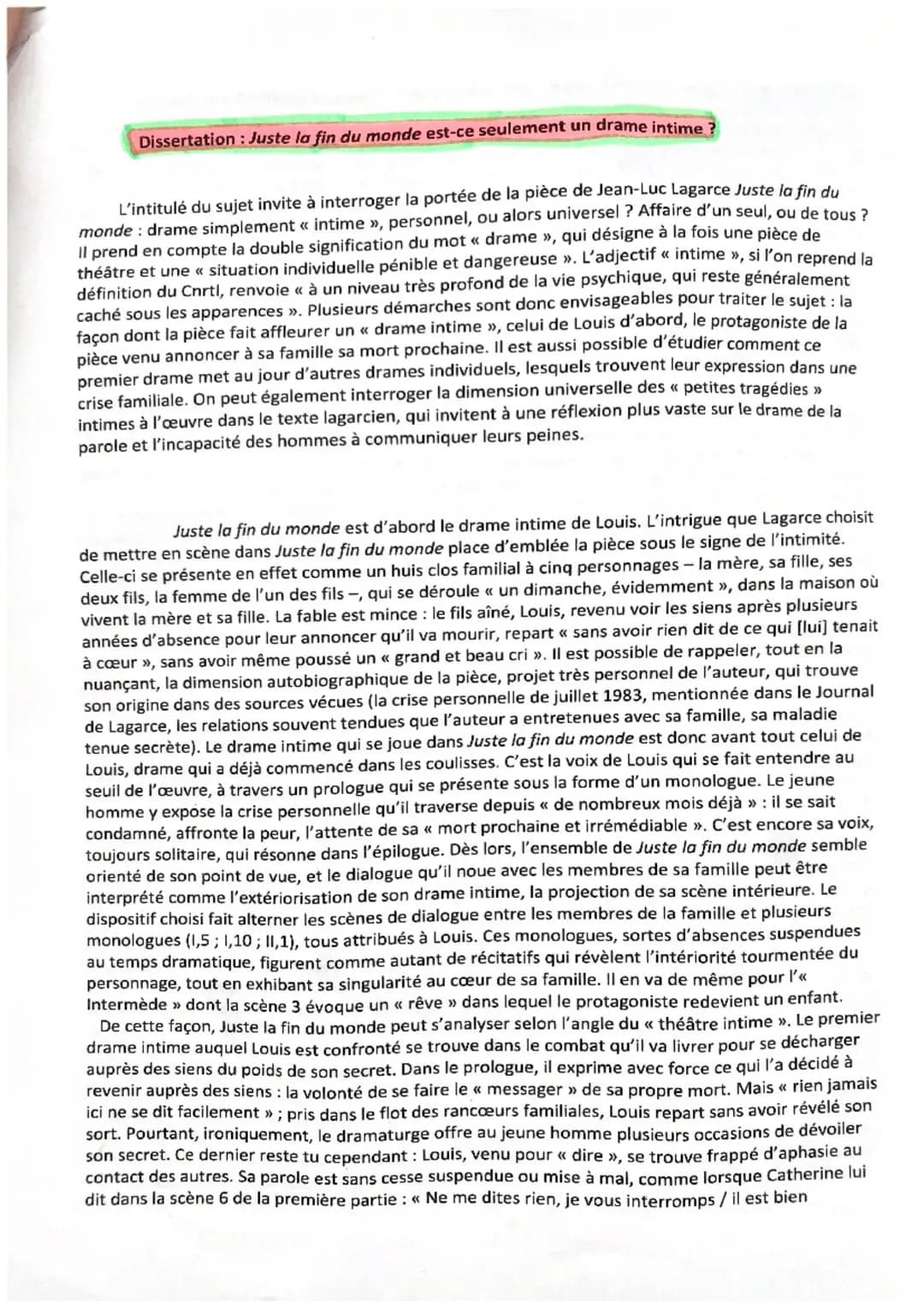 Dissertation : Juste la fin du monde est-ce seulement un drame intime?
L'intitulé du sujet invite à interroger la portée de la pièce de Jean