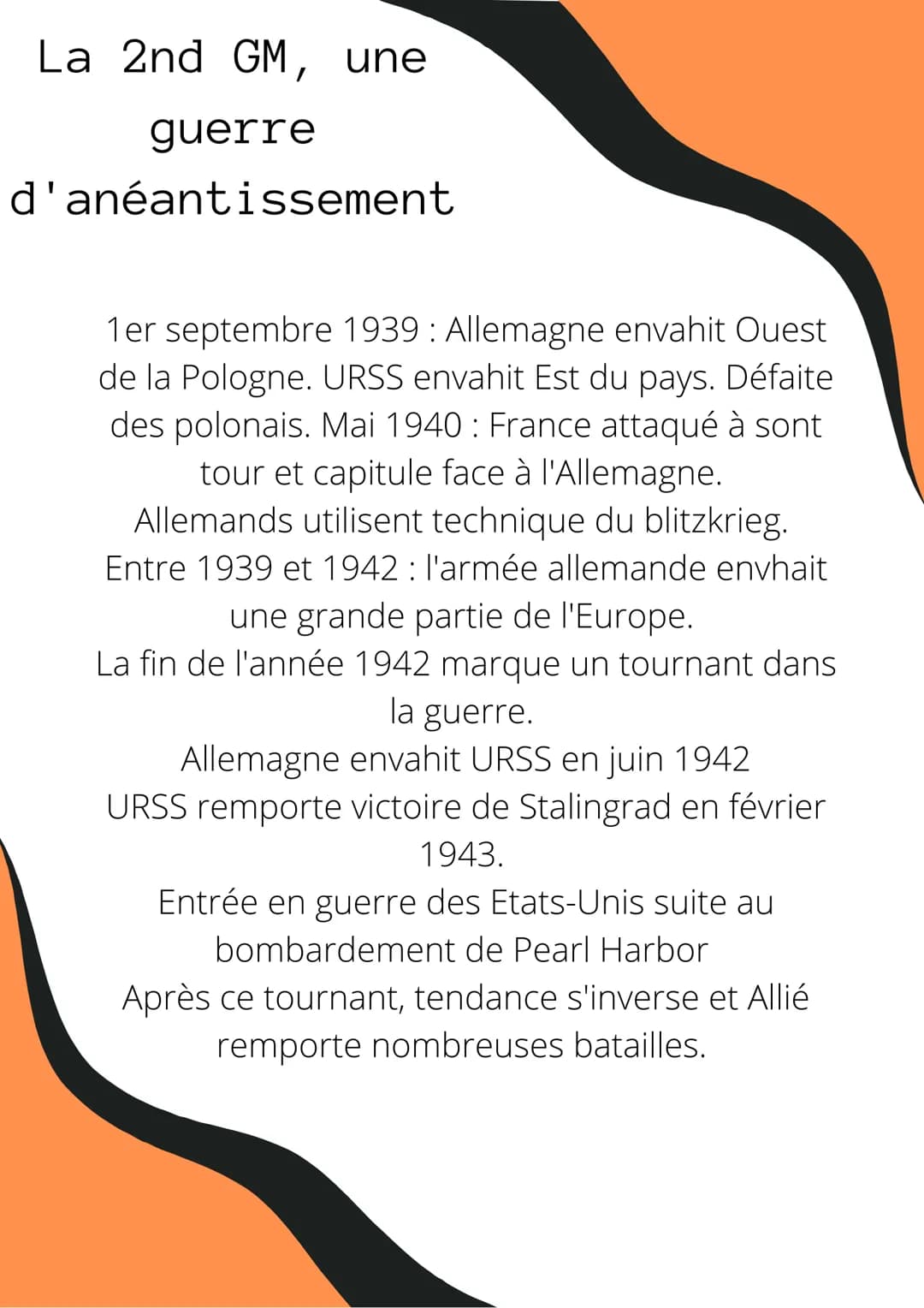 La 2nd GM, une
guerre
d'anéantissement
1er septembre 1939: Allemagne envahit Ouest
de la Pologne. URSS envahit Est du pays. Défaite
des polo