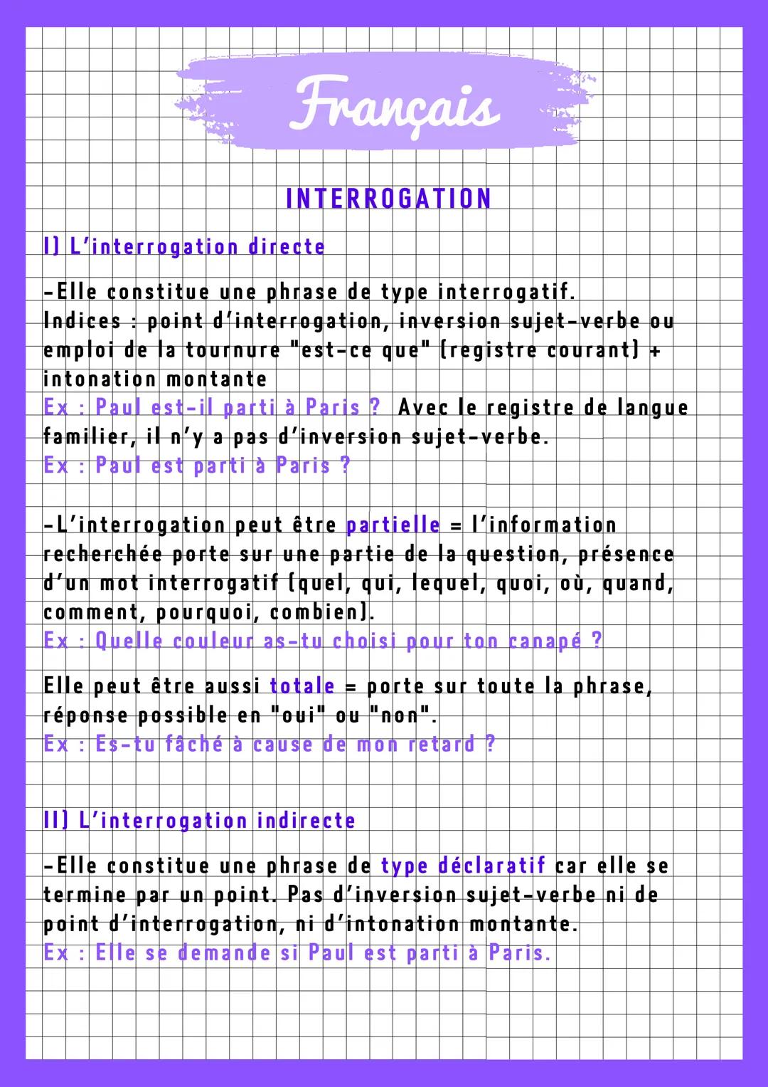 Français
INTERROGATION
L'interrogation directe
-Elle constitue une phrase de type interrogatif.
Indices : point d'interrogation, inversion s