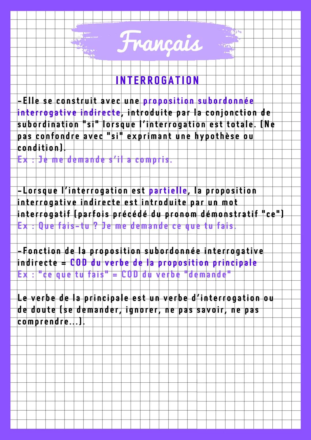 Français
INTERROGATION
L'interrogation directe
-Elle constitue une phrase de type interrogatif.
Indices : point d'interrogation, inversion s