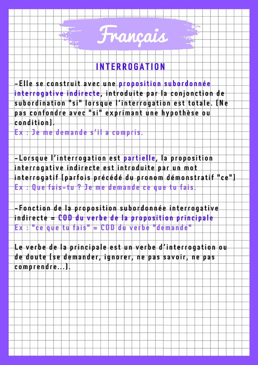 Français
INTERROGATION
L'interrogation directe
-Elle constitue une phrase de type interrogatif.
Indices : point d'interrogation, inversion s