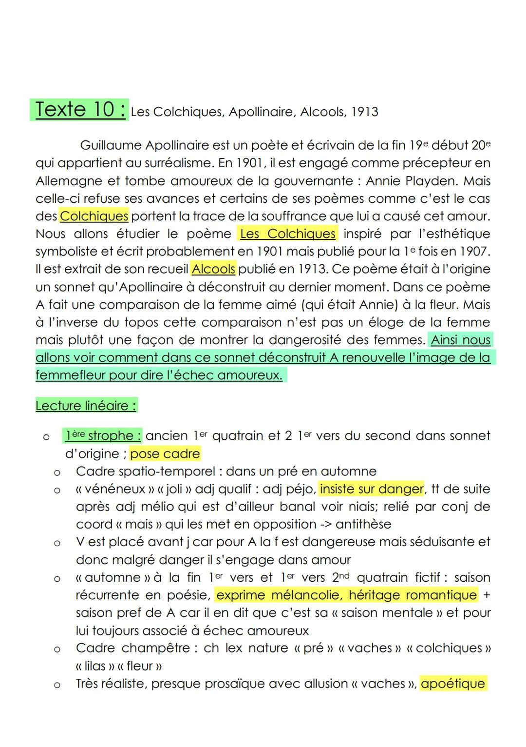 Lecture Linéaire de 'Les Colchiques' - Apollinaire : Analyse et Résumé