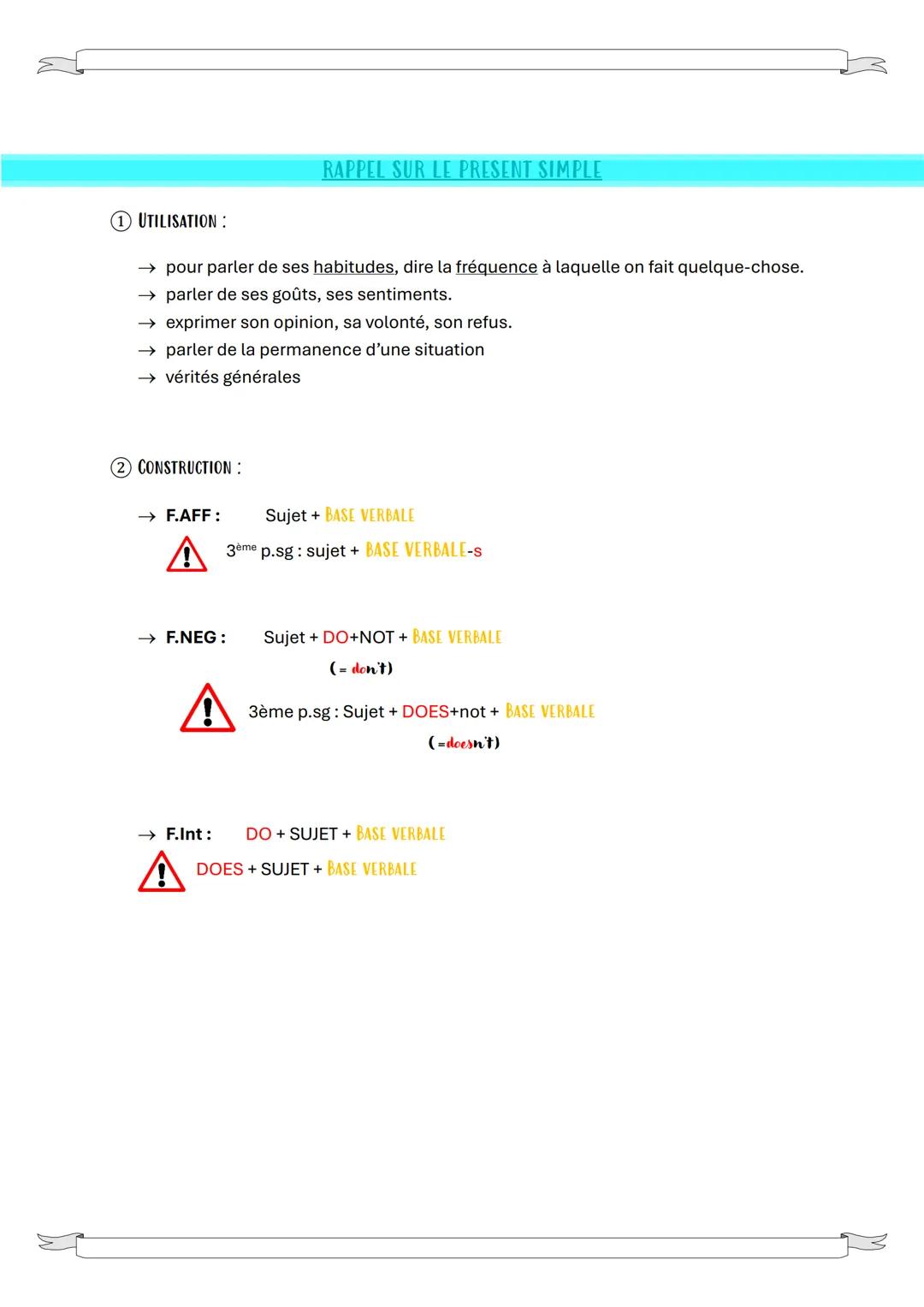 RAPPEL SUR LE PRESENT SIMPLE
1 UTILISATION:
→ pour parler de ses habitudes, dire la fréquence à laquelle on fait quelque-chose.
→ parler de 