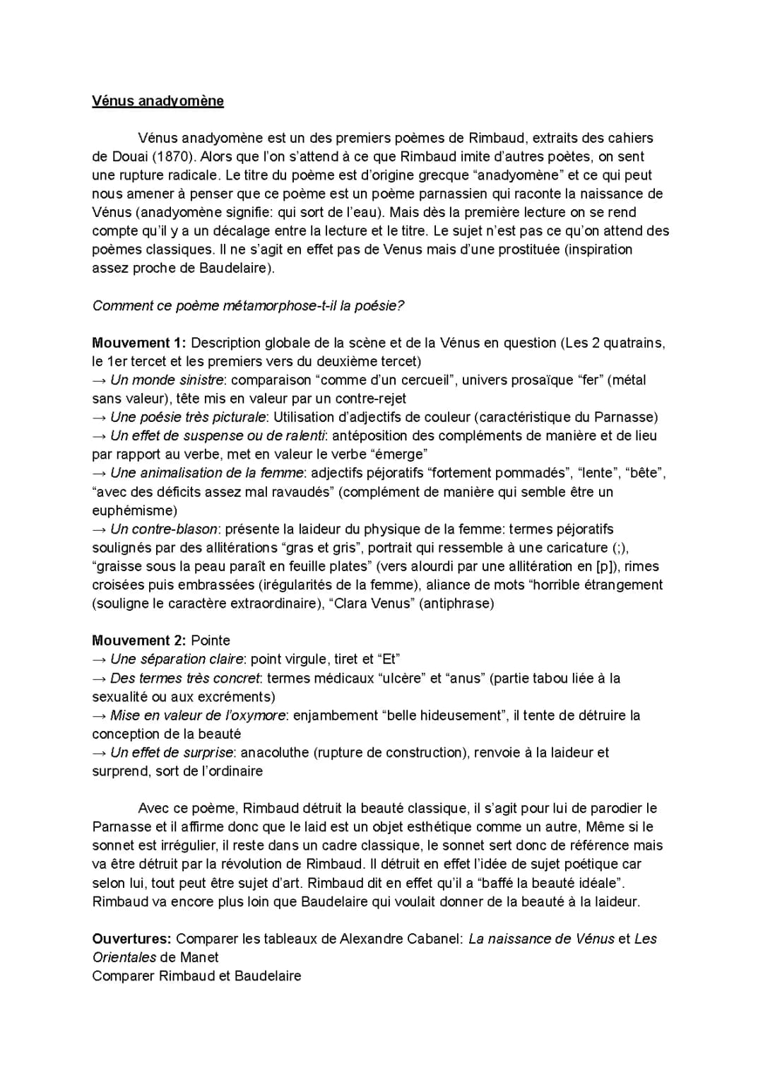 Analyse linéaire de Vénus anadyomène de Rimbaud (PDF, Introduction, Résumé, Conclusion)