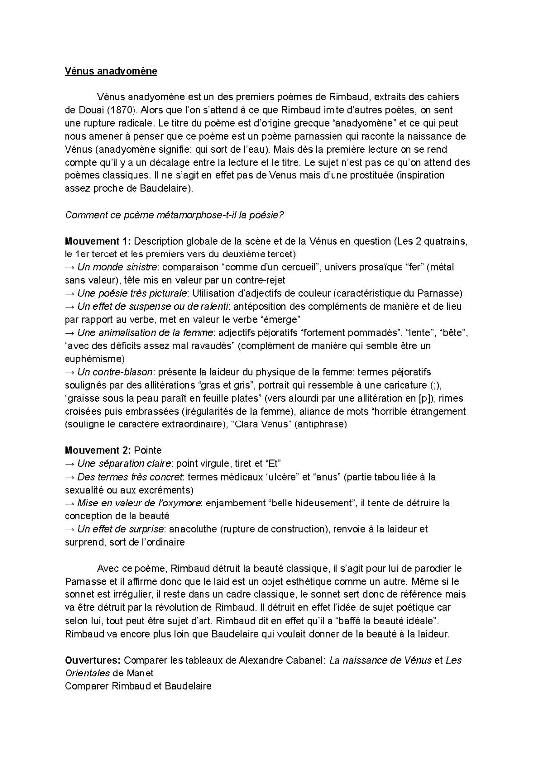 Analyse linéaire de Vénus anadyomène de Rimbaud (PDF, Introduction, Résumé, Conclusion)