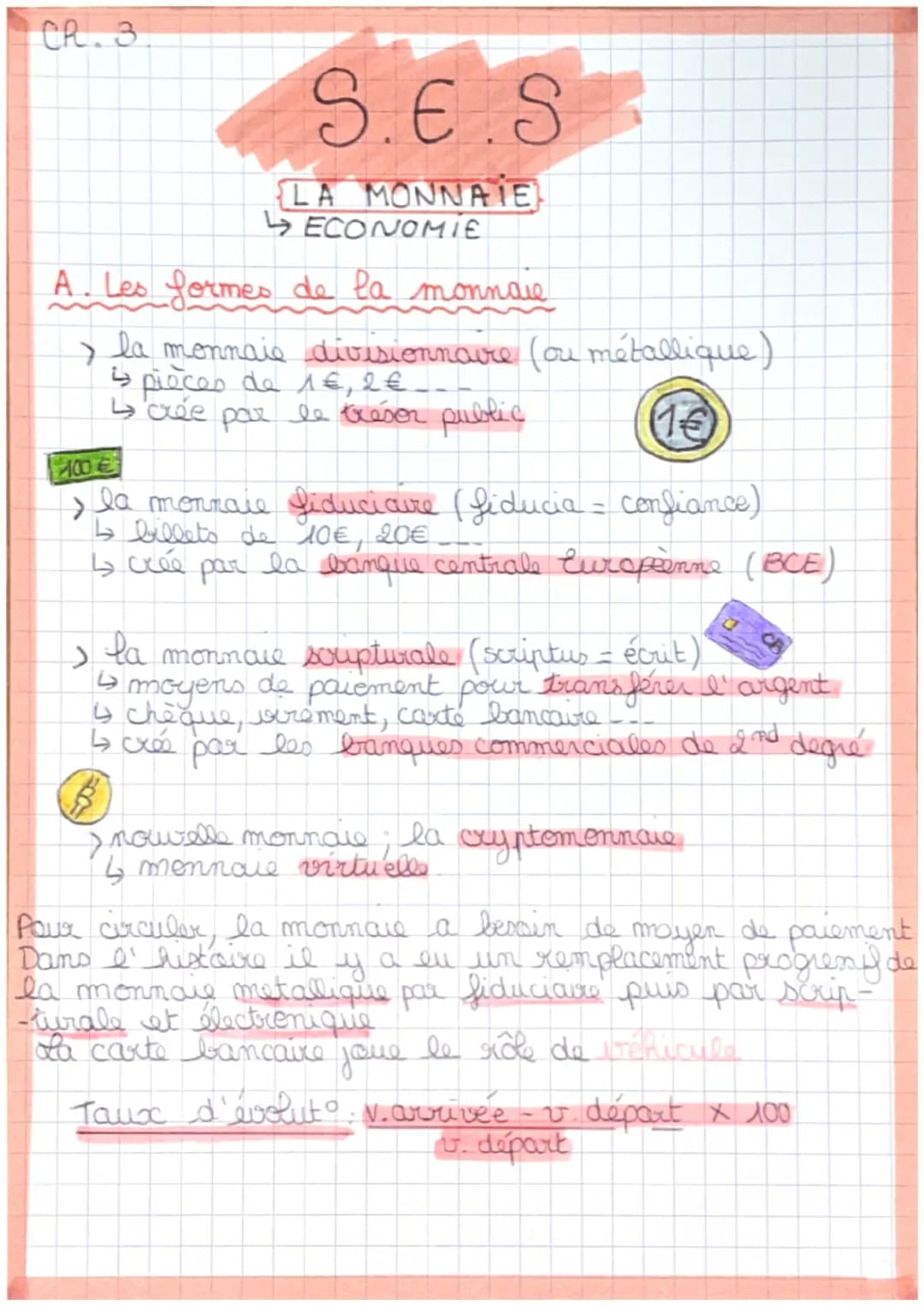 CR.3
S.E.S
LA MONNAIE
ECONOMIE
A. Les formes de la monnaie
> la monnaie divisionnaire (ou métallique)
is pièces de 1€, 2 € __
↳ crée par le 