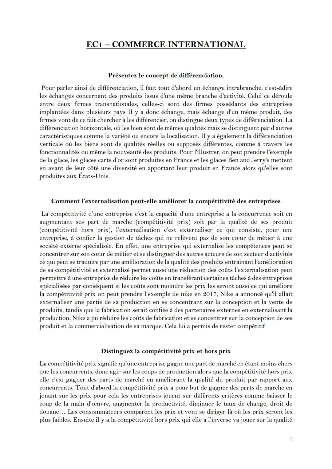 EC1-COMMERCE INTERNATIONAL
Présentez le concept de différenciation.
Pour parler ainsi de différenciation, il faut tout d'abord un échange in