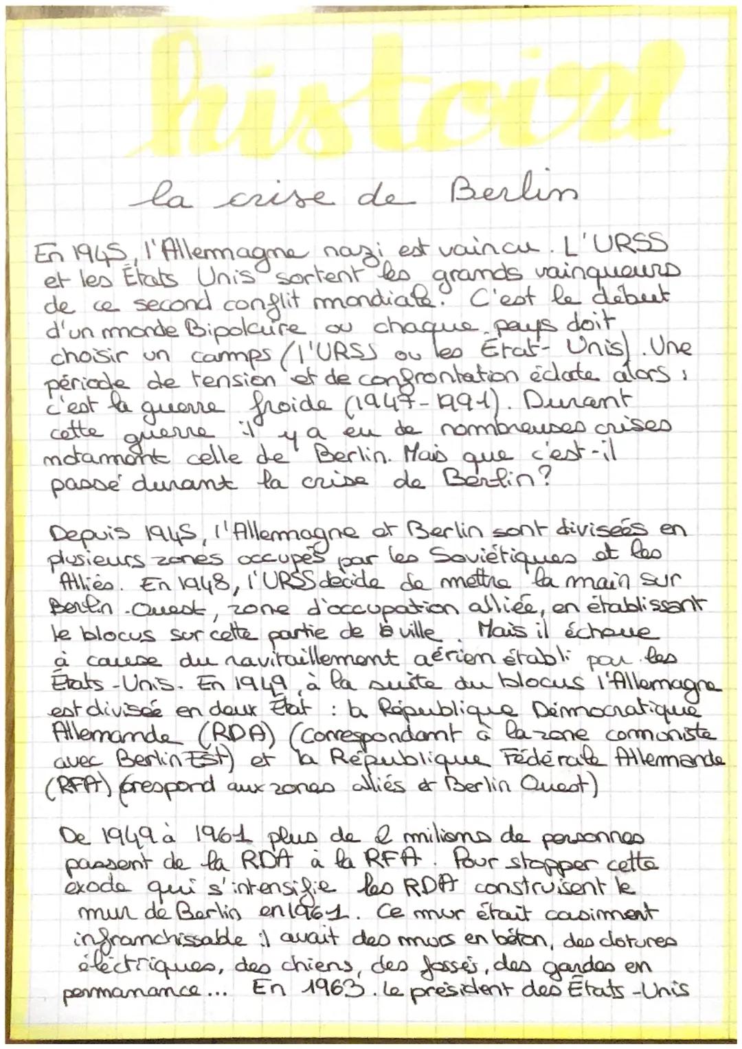 la crise de Berlin

En 1945, l'Allemagne nazi est vaincu. L'URSS
et les Etats Unis sortent les grands vainqueurs
de ce second conflit mondia