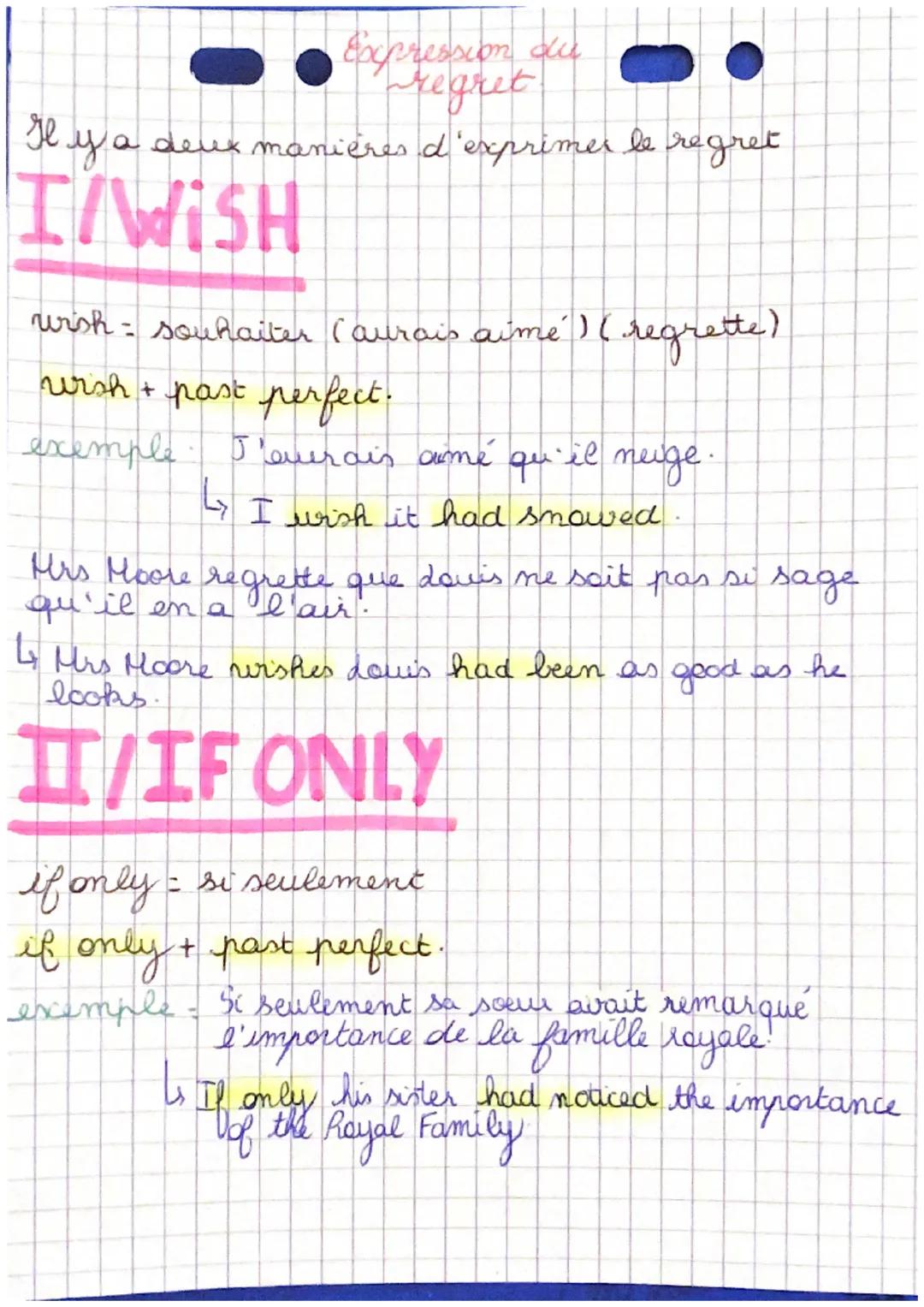 # Expression du regret

Il y a deux manières d'exprimer le regret

# I/WISH

wish = souhaiter (aurais aimé ) (regrette)

wish + past perfect