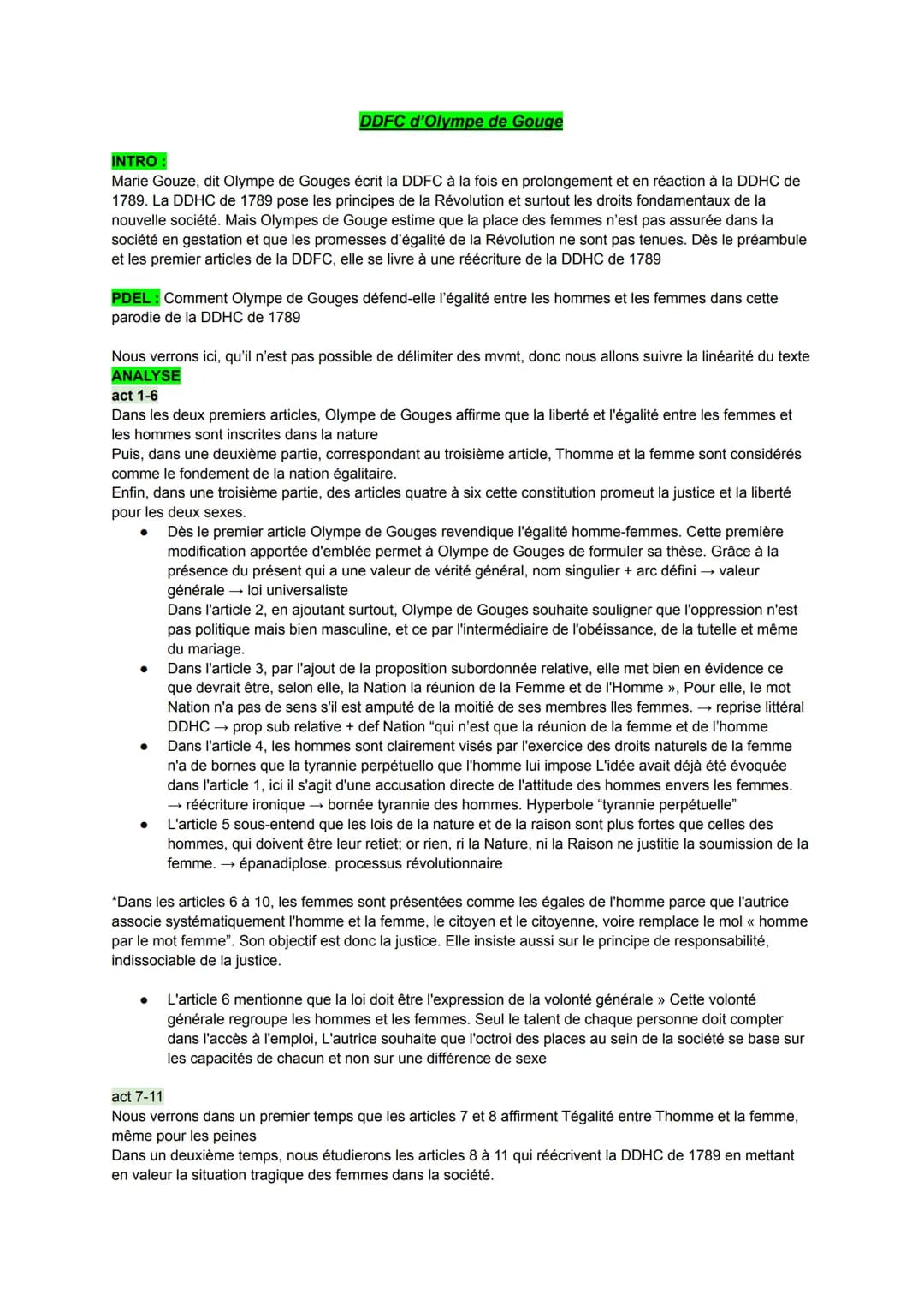DDFC d'Olympe de Gouge
INTRO:
Marie Gouze, dit Olympe de Gouges écrit la DDFC à la fois en prolongement et en réaction à la DDHC de
1789. La