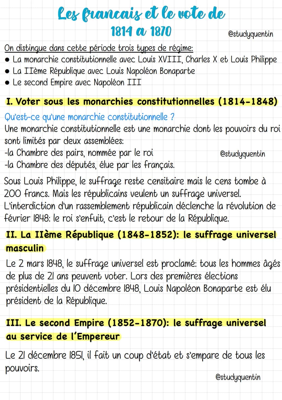 Les francais et le vote de
1814 a 1870
On distingue dans cette période trois types de régime:
• La monarchie constitutionnelle avec Louis XV