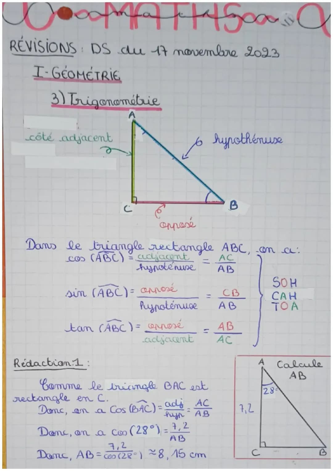 Comprendre la trigonométrie dans un triangle rectangle : cosinus, sinus et angles