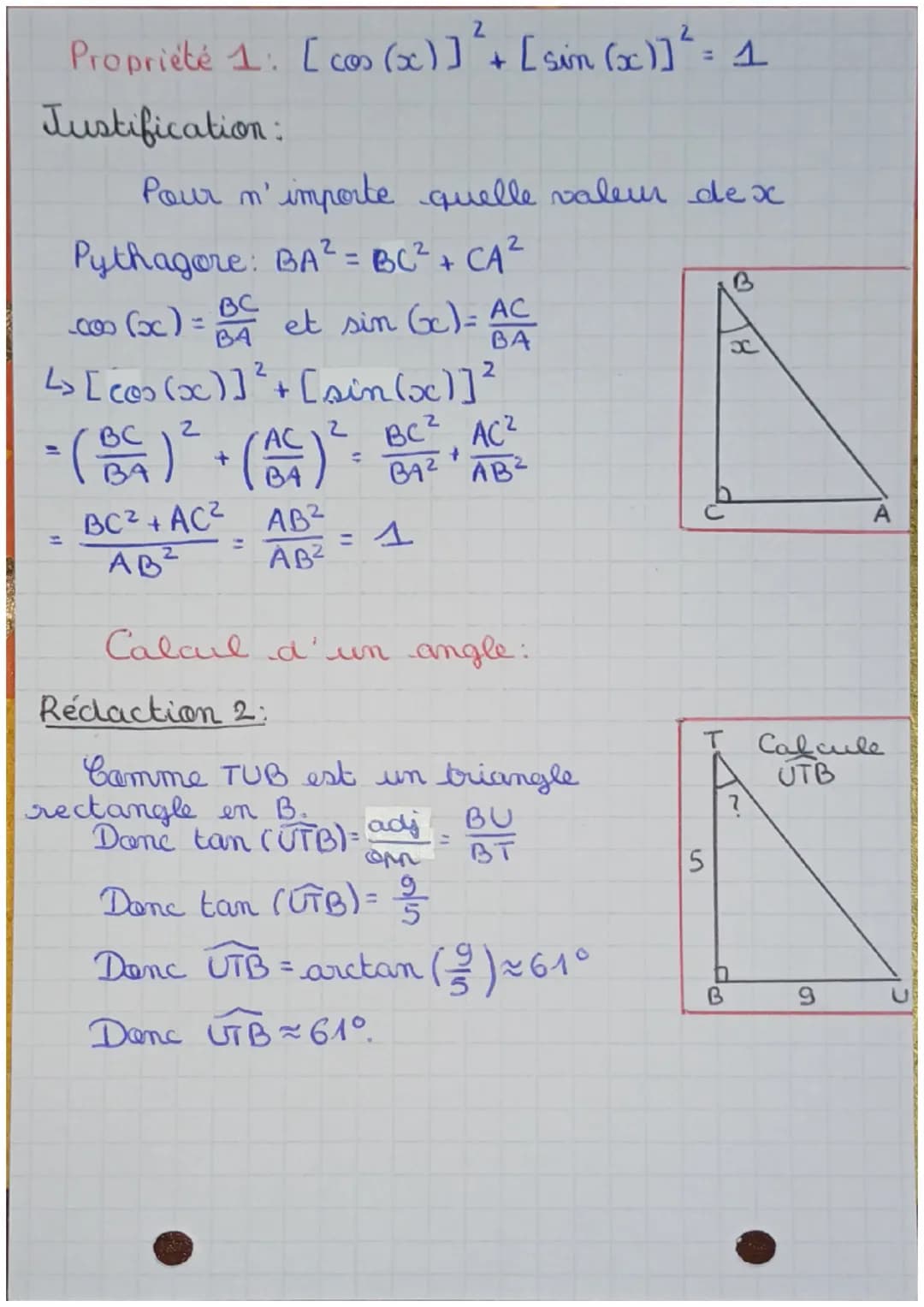 omfatt/Goo. A
RÉVISIONS DS du 17 novembre 2023
I-GEOMETRIE
3) Trigonométrie
côté adjacent
с
sin (ABC) = apposé
Rédaction: 1:
opposé
Dans le 