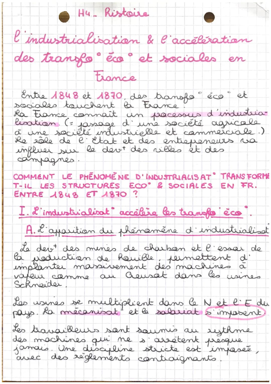 H4- Ristoire
l'industrialisation & l'accélération
des transfo éco et sociales en
France
Entre 1848 et 1870, des transfe éco et
sociales touc