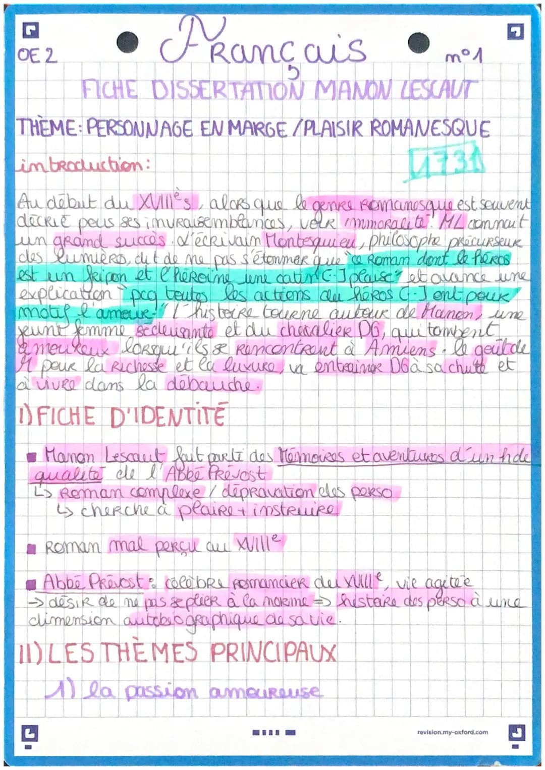 Français
mᵒ1
FICHE DISSERTATION MANON LESCAUT
ZESCA
THEME: PERSONNAGE EN MARGE/PLAISIR ROMANESQUE
OE 2
introduction:
deckie
Au début du XVil