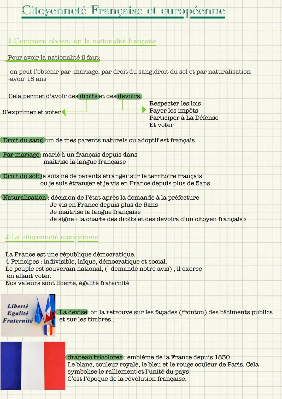 Citoyenneté Française et européenne
1-Comment obtient-on la nationalité française
Pour avoir la nationalité il faut:
-on peut l'obtenir par 