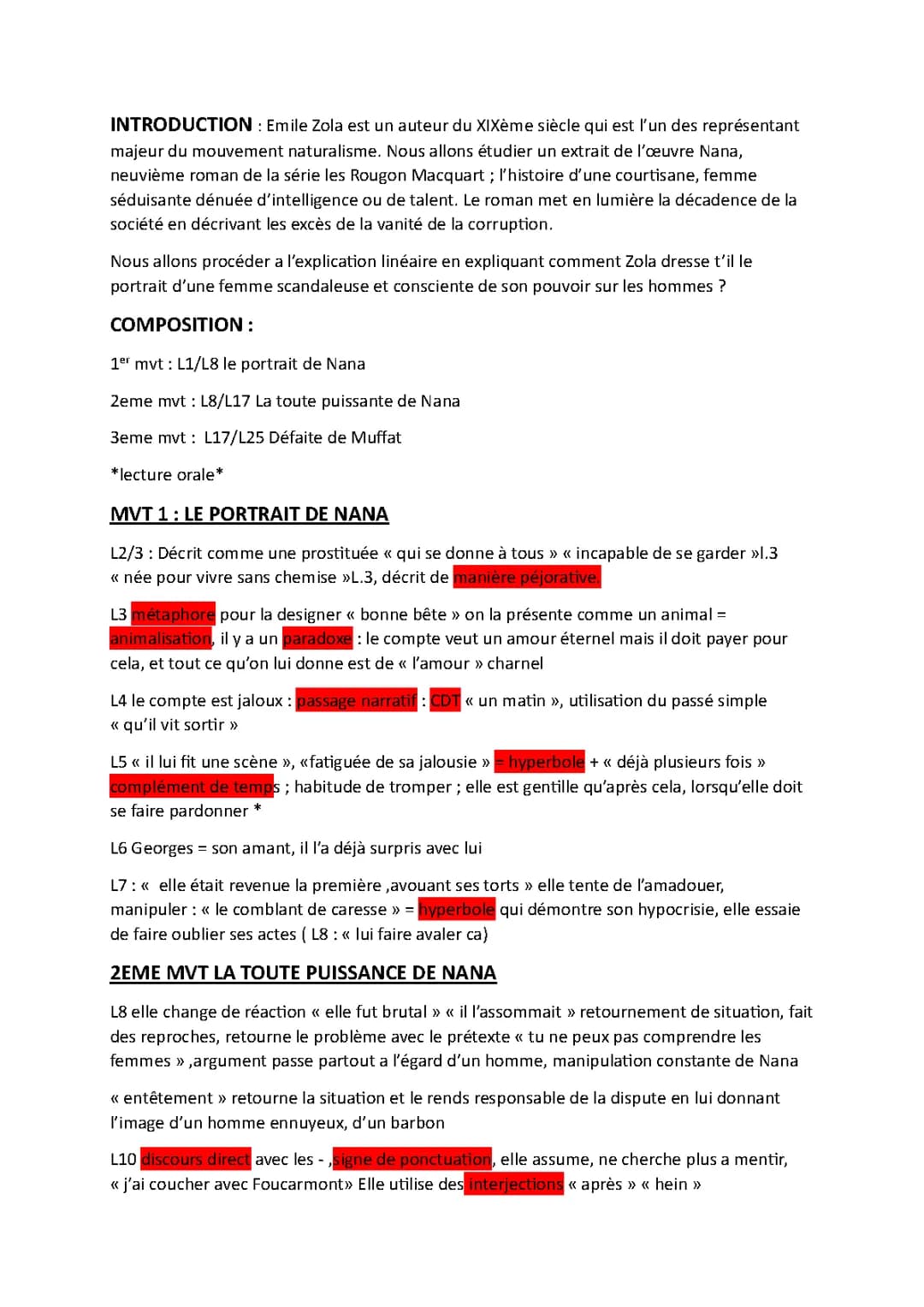 Analyse linéaire de Nana - Emile zola