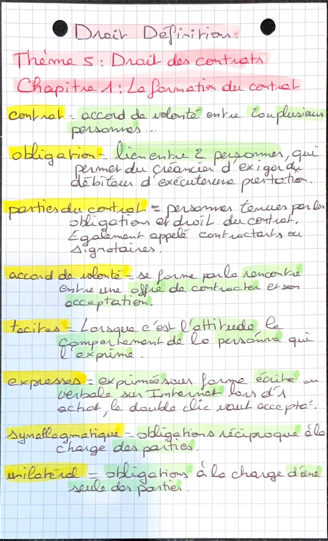 Droit Definition.
Themes: Droit des contrats.
Chapitre 1: La formation du contral
contrat - accord de volonté entre complusieur
personnes
Le