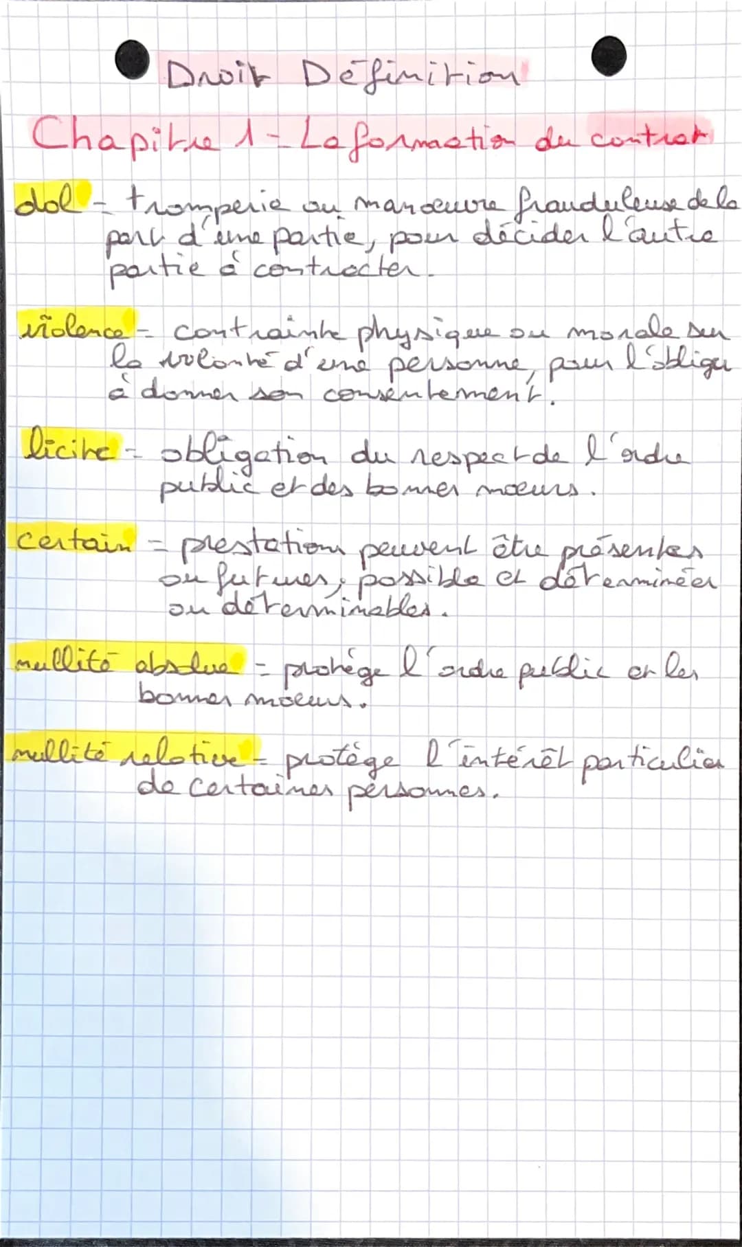 Droit Definition.
Themes: Droit des contrats.
Chapitre 1: La formation du contral
contrat - accord de volonté entre complusieur
personnes
Le