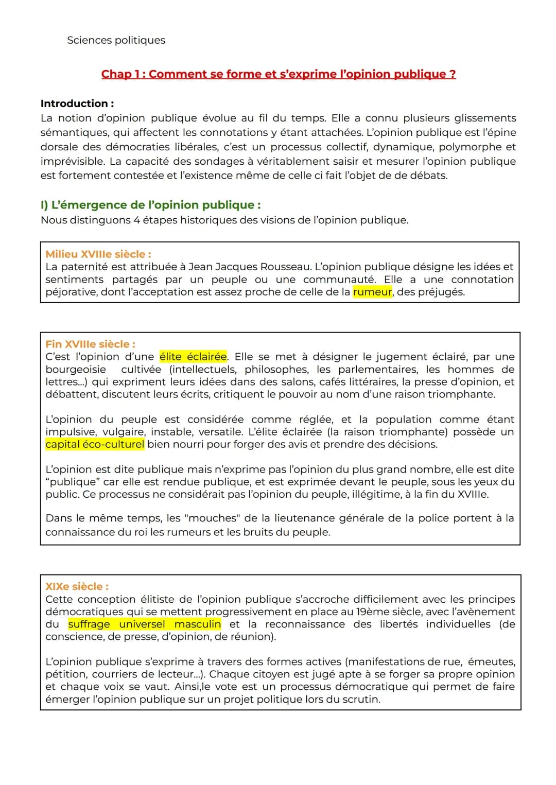 Sciences politiques
Chap 1: Comment se forme et s'exprime l'opinion publique ?
Introduction:
La notion d'opinion publique évolue au fil du t
