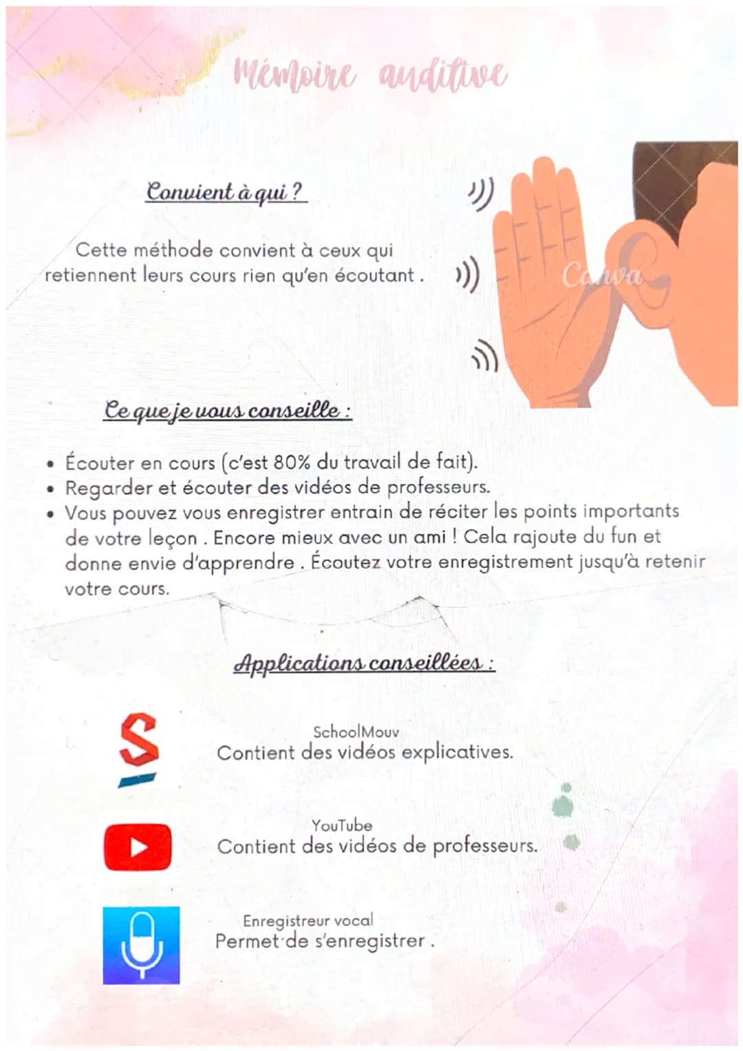 @studygirl
27
Comment réviser ?
méthodes de révision Convient à qui?
Cette méthode convient à ceux qui
retiennent leurs cours rien qu'en éco