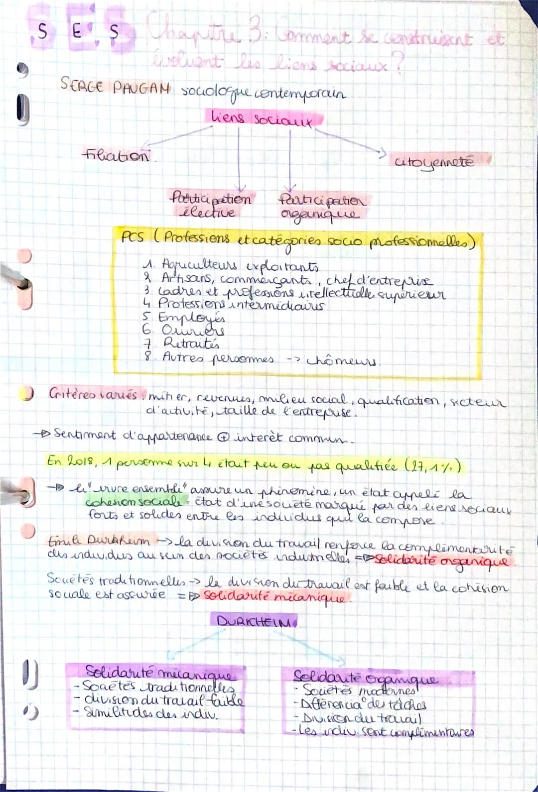 Ses Chaptre 3 : Comment se construisent at
SES
et
évoluent les liens sociaux
SERCE PAUGAM Socoloque contemporain
liens sociaux,
filiation.
P
