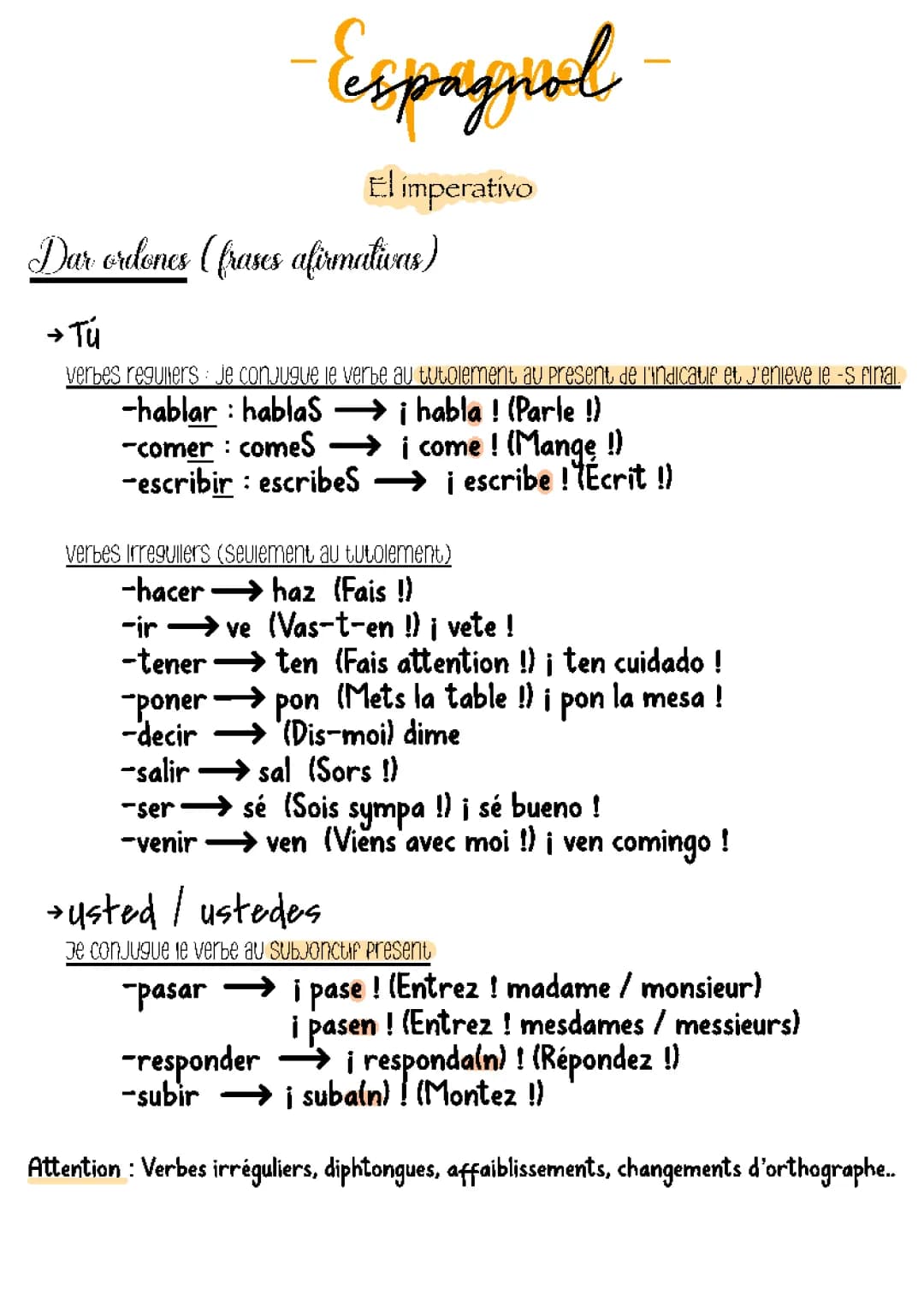 Exercices de l'impératif en espagnol PDF pour toi