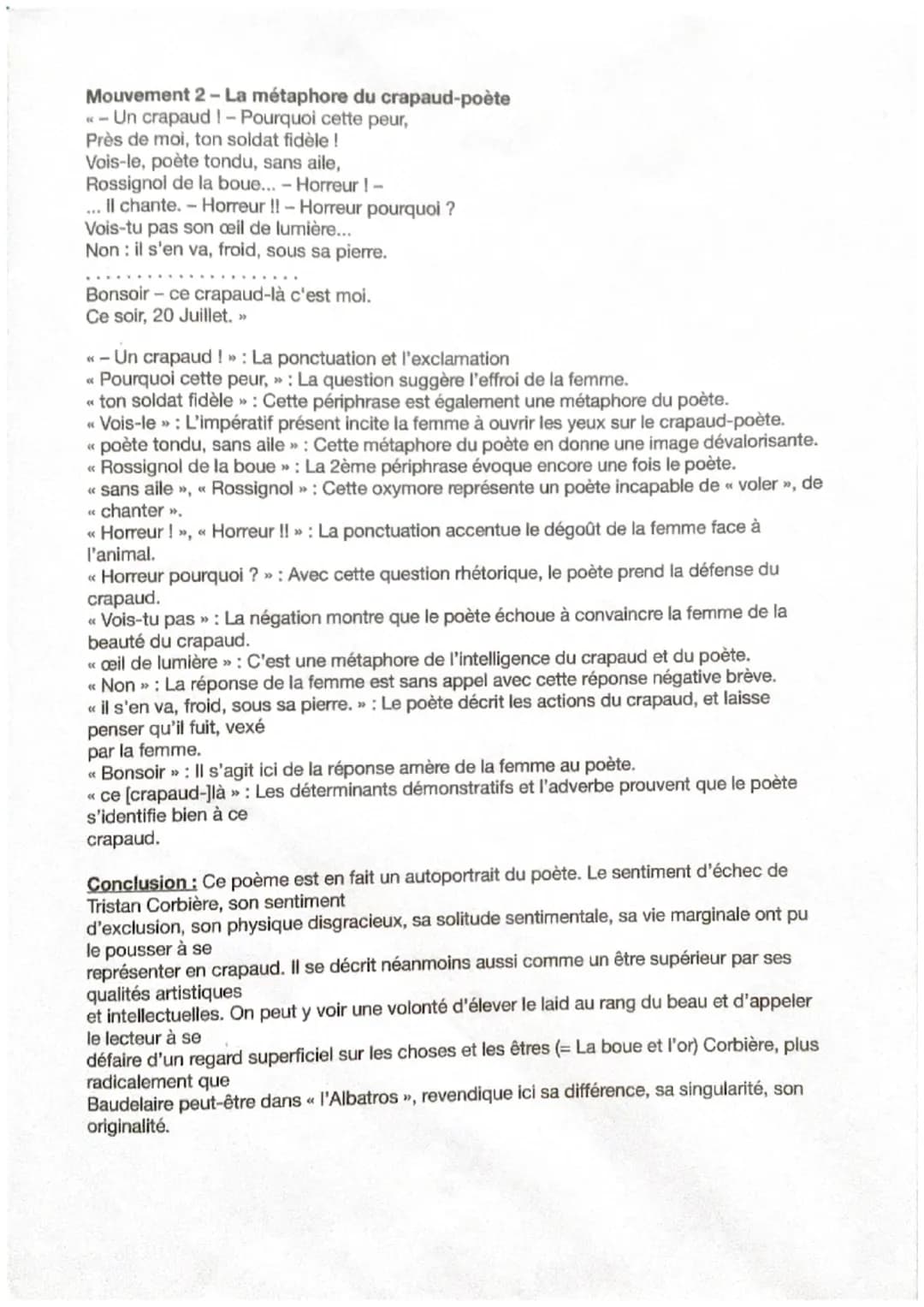 Le Crapaud - Tristan Corbière
Objet d'étude : La Poésie du XIXème au XXIème siècle.
Lecture linéaire - << Le Crapaud », Les Amours Jaunes, T