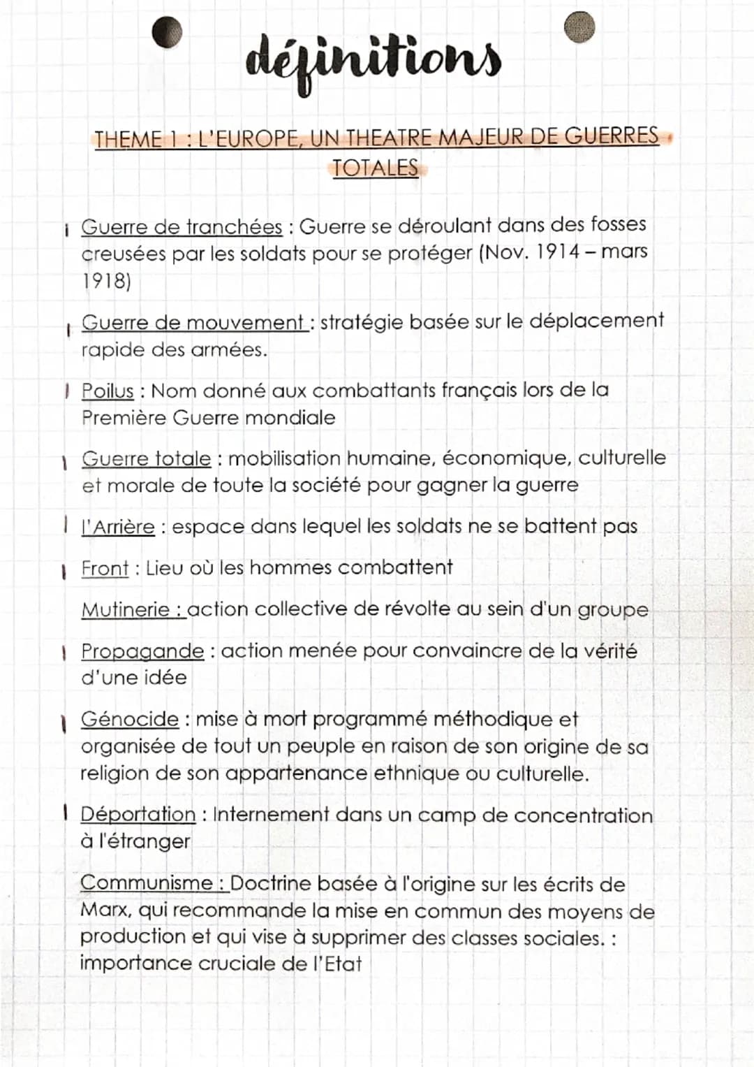 définitions
THEME 1: L'EUROPE, UN THEATRE MAJEUR DE GUERRES
TOTALES
¡Guerre de tranchées: Guerre se déroulant dans des fosses
creusées par l