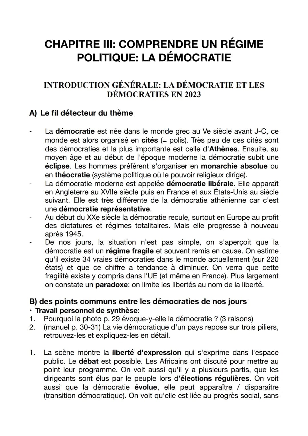 CHAPITRE III: COMPRENDRE UN RÉGIME
POLITIQUE: LA DÉMOCRATIE
INTRODUCTION GÉNÉRALE: LA DÉMOCRATIE ET LES
DÉMOCRATIES EN 2023
A) Le fil détect