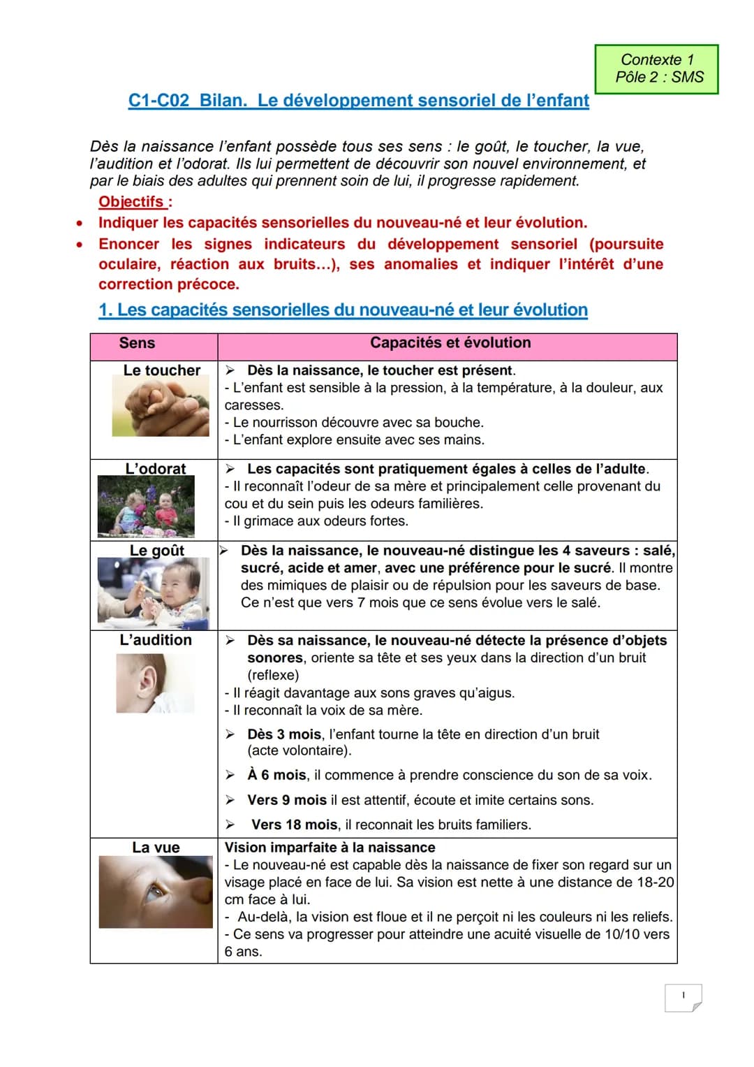 ●
●
C1-C02 Bilan. Le développement sensoriel de l'enfant
Dès la naissance l'enfant possède tous ses sens : le goût, le toucher, la vue,
l'au