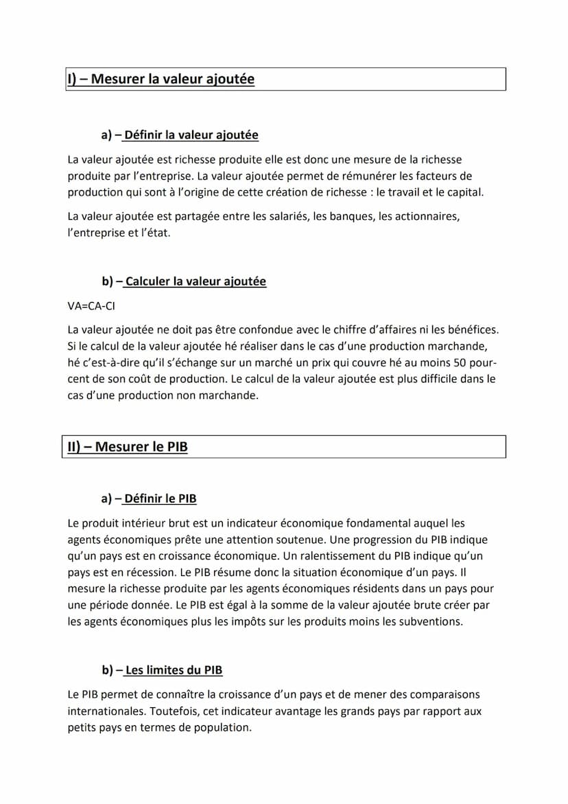 Chapitre 5) La mesure de la production et ses
prolongements
Objectifs du chapitre :
Calculer la valeur ajoutée dans des cas simples
Différen