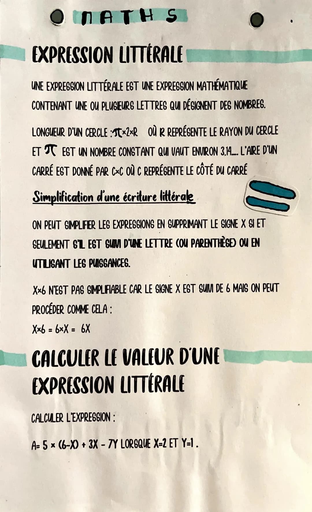 ) ЛАТН S
EXPRESSION LITTÉRALE
UNE EXPRESSION LITTÉRALE EST UNE EXPRESSION MATHÉMATIQUE
CONTENANT UNE OU PLUSIEURS LETTRES QUI DÉSIGNENT DES 