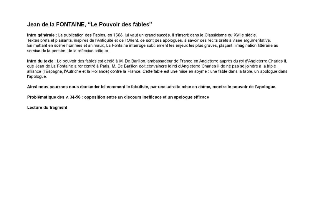 Analyse linéaire - Le Pouvoir des fables, Les Fables, Jean de la FONTAINE
